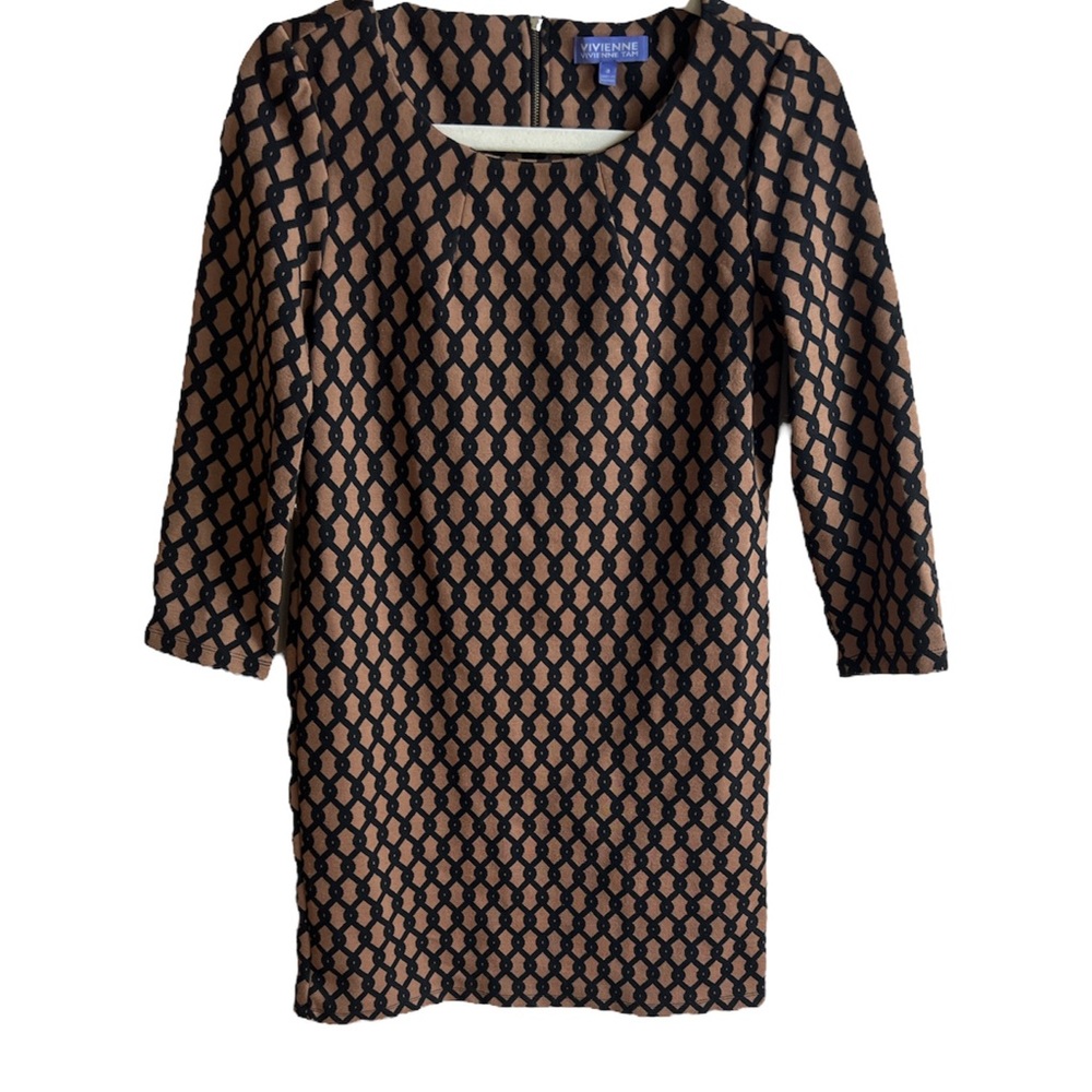 Vivienne Vivienne Tam Shift Dress Black Brown Chain Link 3/4 Sleeve Knit Sz 2